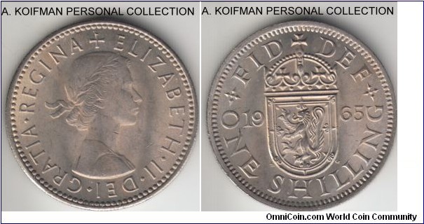 KM-905, 1965 Great Britain shilling, Scottish crest; copper-nickel, reeded edge; average uncirculated.