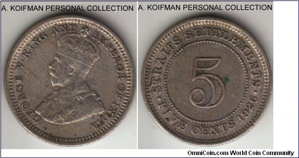 KM-36, Straits Settlements 5 cents; silver, reeded edge; two year type, a bit dirty but good very fine to about extra fine.
