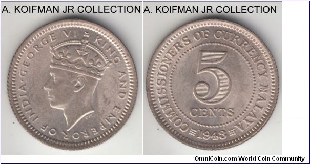 KM-3a, 1943 Malaya 5 cents; silver, reeded edge; George VI, war time coinage, quite common but very nice lightly toned uncirculated.