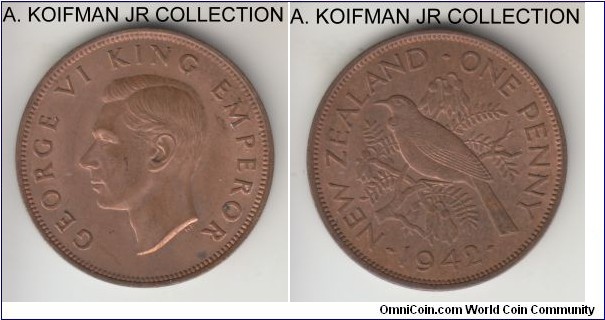 KM-13, 1942 New Zealand penny; bronze, plain edge; George VI, average uncirculated, red brown obverse and light brown reverse.