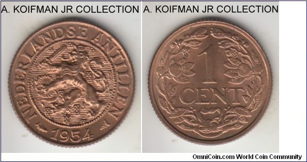 KM-1, 1954 Netherlands Antilles cent; bronze, needed edge; Juliana, blazing red uncirculated, two tiny carbon spots on reverse.