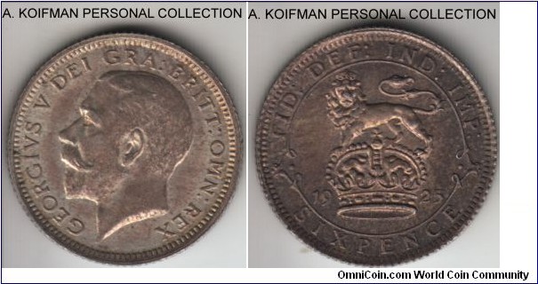 KM-815a.2, 1925 Great Britain 6 pence; silver, reeded edge; toned uncirculated or almost, broad rim variety.