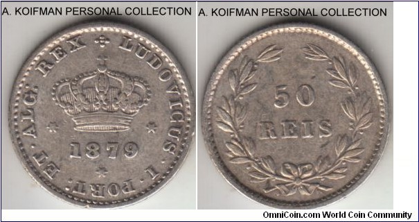 KM-506.2, 1879 Portugal 50 reis; silver, reeded edge; good very fine or slightly better, mintage of 80,000.