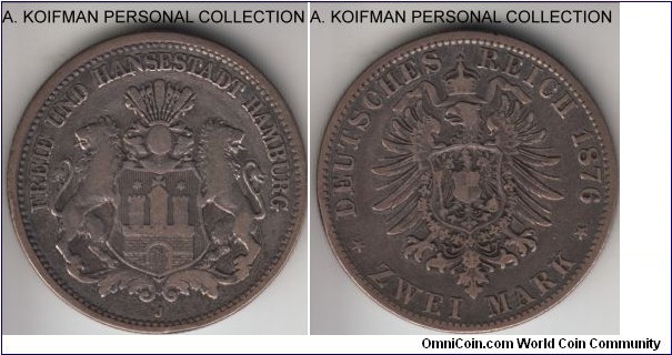 KM-604, 1876 German States Hamburg 2 mark, Hamburg mint (J mint mark); silver, reeded edge; first and common year of the type, almost very fine.