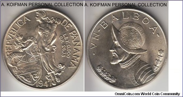 KM-13, 1947 Panama balboa; silver, reeded edge; above average uncirculated, very nice full lustre, last year and most common of the type.