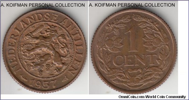 KM-1, 1957 Netherlands Antilles cent; bronze, needed edge; red brown nice uncirculated.