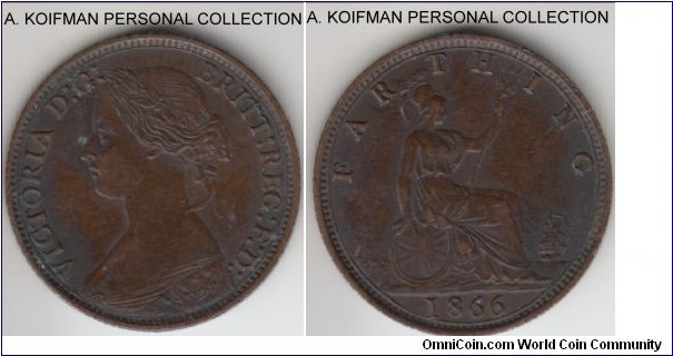 KM-747.2, 1866 Great Britain farthing; bronze, plain edge; brown good extra fine.