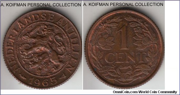 KM-1, 1965 Netherlands Antilles cent; bronze, reeded edge; mostly brown uncirculated.
