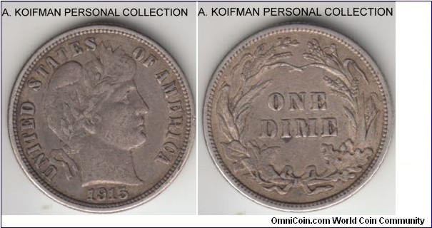 KM-113, 1915 United States of America 10 cents (dime), Philadelphia mint (no mint mark); Liberty head type, silver, reeded edge; very fine or so.