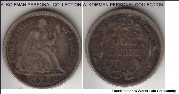 KM-A92, 1890 United States of America 10 cents (dime), Philadelphia mint (no mint mark); Seated Liberty type, dark toned good very fine.