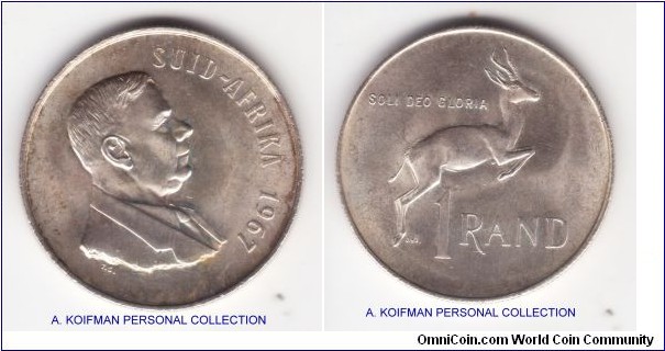 KM-72.2, 1967 South Africa (Republic) rand; silver, reeded edge; Africaans legend, Dr. Verwoerd death commemorative, average uncirculated.
