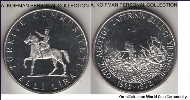 KM-901, ND (1972) Turkey 50 lira' proof, silver, reeded edge; 50'th anniversary of Kamal Ataturk entry into Smyrna, mintage unknown, deep cameo proof.