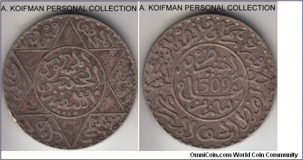 Y#6, AH1309(1892) Morocco 2 1/2 dirhams, Paris mint; silver, reeded edge; scarcer issue with smaller, good very fine.