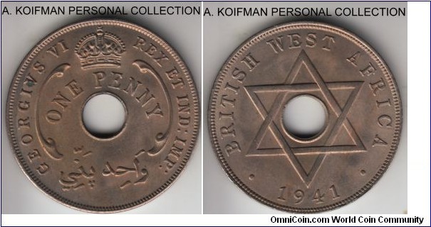 KM-19, 1941 British West Africa penny, Royal mint (no mint mark); copper nickel, plain edge; average uncirculated, a small spot on obverse.