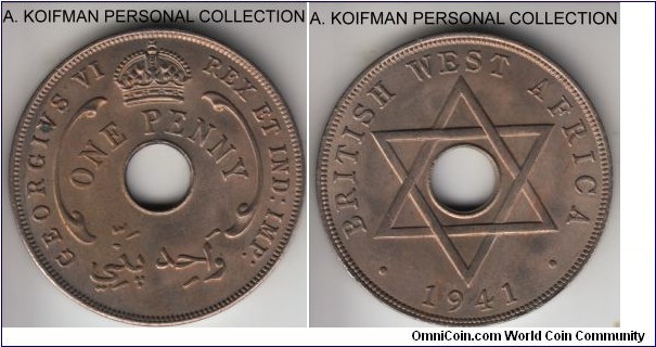 KM-19, 1941 British West Africa penny, Royal Mint (no mint mark); copper nickel, plain edge; George VI, average uncirculated, a small spot on obverse.