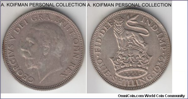 KM-833, 1932 Great Britain shilling; silver, reeded edge; darker toned extra fine or so.