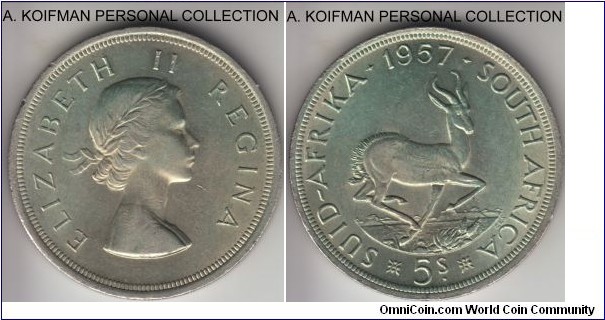 KM-52, 1957 South Africa (Union) 5 shillings; silver, reeded edge; higher grade coin with reverse uncirculated and obverse having just a bit of wear and toning.
