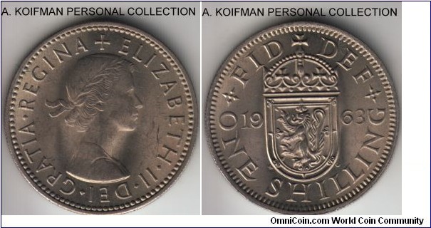 KM-905, 1963 Great Britain shilling, Scottish crest; copper-nickel, reeded edge; bright white average uncirculated.
