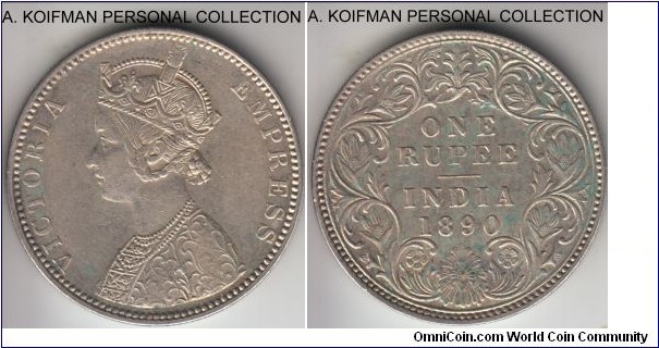 KM-492, 1890 British India rupee, Bombay mint (incuse B mint mark); silver, reeded edge; good extra fine to about uncirculated.