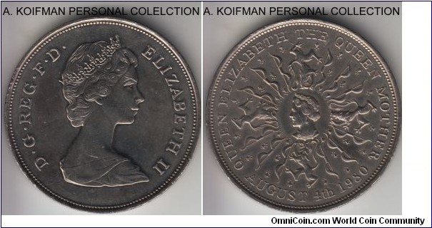 KM-921, 1980 Great Britain 25 new pence; copper-nickel, reeded edge; 80'th birthday of the Queen Mother commemorative, average uncirculated.