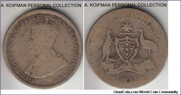 KM-26, 1911 Australia shilling, Royal mint (no mint mark); silver, reeded edge; well worn, good or about, early Australian mintage.