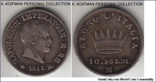 C-6.1, 1811 Kingdom of Napoleon (Italian States) 10 soldi, Milan mint (M mint mark); silver, stars on edge, some doubled up; good fine or slightly better, a rim bump on reverse.