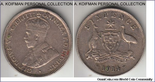 KM-25, 1914 Australia 6 pence, Royal mint (London, no mint mark); silver, reeded edge; definitely good fine to very fine, may have been cleaned.