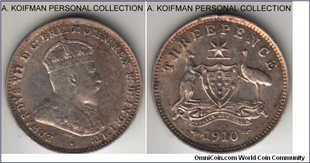 KM-18, 1910 Australia 3 pence, Royal mint (London, no mint mark); silver, plain edge; nice extra fine with quite some luster, but a few issues on reverse, pleasant looking overall.