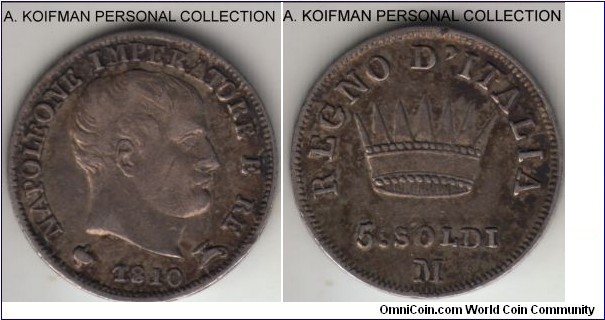 C-5.1, 1810 Kingdom of Napoleon (Italian States) 10 soldi, Milan mint (M mint mark); silver, stars on edge, very fine, toned.