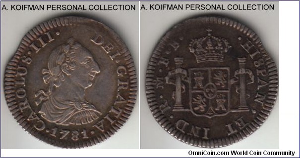 KM-69.2, 1781 Mexico (Colonial) 1/2 real, Mexico City mint (Mo mint mark), FF essayer mark; silver, corded edge; good very fine, flan clip and it may be ex-jewelry.