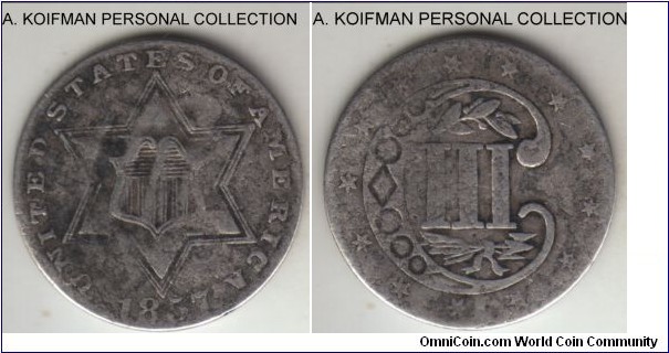 KM-80, 1857 United States of America 3 cents, Philadelphia mint (no mint mark); silver, plain edge; Type 2, 900 silver, well worn, good or about, but less common year of the scarcer type.