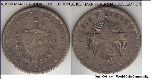 KM-13.2, 1920 Cuba viente (20) centavos; silver, reeded edge; fine to very fine.