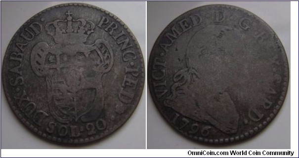 Italian State of Sicily Sardinia 20 Soldi King Vittorio Amedo III 1773-1796 