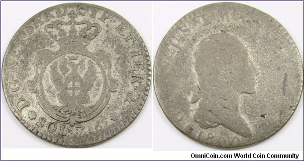 Italian Kingdom Sardinia 7.6 Soldi Carlo Emanuel King of Sardinia from 1796-1802