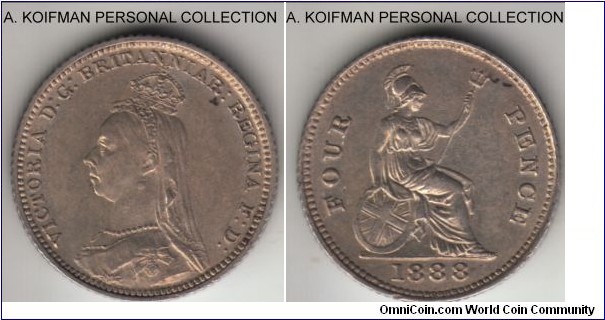KM-772, 1888 Great Britain 4 pence (groat); silver, reeded edge; extar fine or so, some luster, little wear, although considered a homeland typ, 120,000 were minted for use exclusively in the West Indies and Guyana.