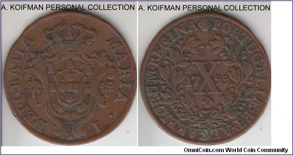 KM-309, 1799 Portugal 10 reis, Maria I; copper, plain edge; very fine or so, clipped flan.