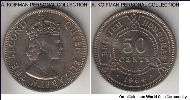 BH64C
KM-28, 1964 British Honduras 50 cents; copper-nickel, reeded edge; average nice uncirculated, mintage of 50,000.