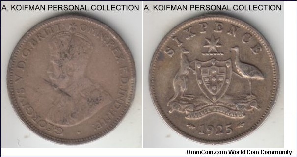 KM-25, 1925 Australia 6 pence; silver, reeded edge; George V, circulated, about fine.