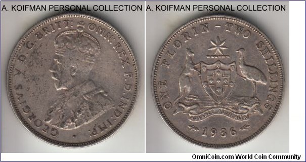 KM-27, 1936 Australia florin, Melbourne mint; silver, reeded edge; last year of George V, decent circulation coin, about very fine, strong rims.