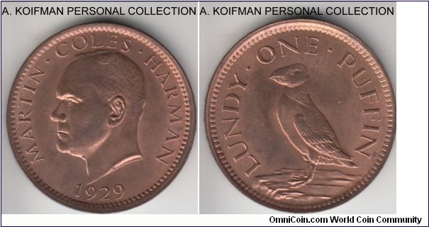 X-Tn2, 1929 Lundy puffin (penny equivalent) token; bronze, lettered edge; raised edge LUNDY LIGHTS and LEADS inscription, red brown uncirculated, probably the latest tokens that actually saw circulation at the island of Lundy, mintage 50,000.