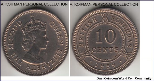 KM-32, 1959 British honduras 10 cents; copper-nickel, reeded edge; about uncirculated, cleaned, mintage 100,000.