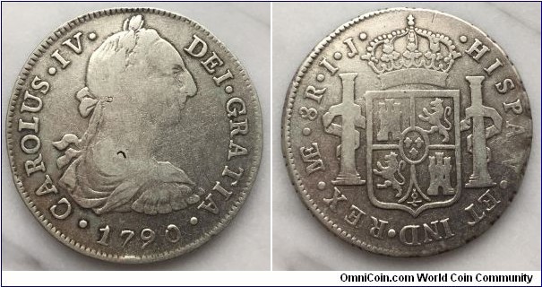 Obverse:Armored bust of Charles III,right
Obverse Legend: CAROLUS • IV • DEI • GRATIA •
Reverse: Crowned shield flanked by pillars with banner
Reverse Legend: • HISPAN • ET IND • REX •
Weight: 27.0674g, silver