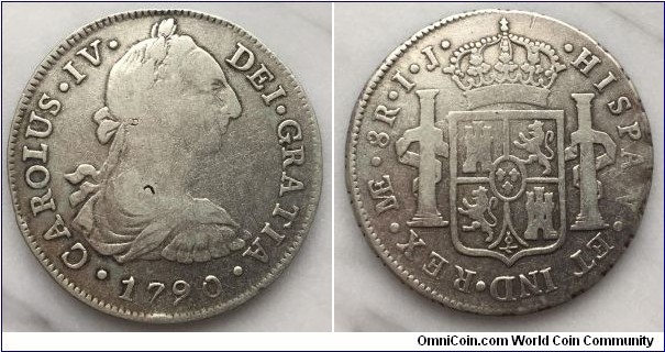 Obverse:Armored bust of Charles III,right
Obverse Legend: CAROLUS • IV • DEI • GRATIA •
Reverse: Crowned shield flanked by pillars with banner
Reverse Legend: • HISPAN • ET IND • REX •
Weight: 27.0674g, silver