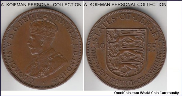 KM-15, 1935 Jersey 1/24'th of a shilling; bronze, plain edge; brown uncirculated or almost, mintage 72,000.