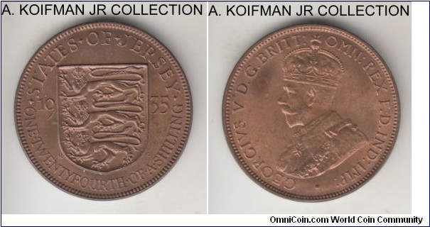 KM-15, 1935 Jersey 1/24'th of a shilling; bronze, plain edge; brown uncirculated or almost, mintage 72,000.