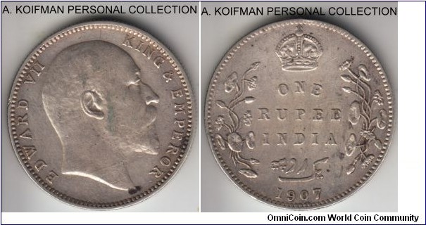 KM-508, 1907 British India rupee, Calcutta mint (no B mintmark in crown); silver, reeded edge; circulated, very fine or about.