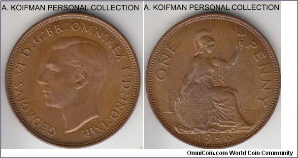 KM-845, 1946 Great Britain penny; bronze, plain edge; brownish average uncirculated.