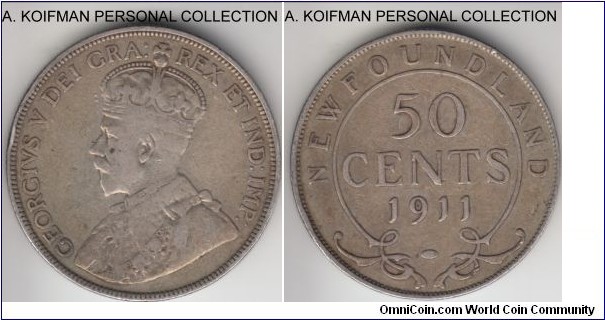 KM-12, 1911 Newfoundland 50 cents; silver, reeded edge; naturally toned good fine, small rim nick on obverse, first year of the type.