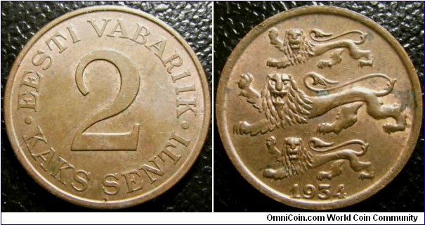 Estonia 1934 2 senti. Nice condition unfortunately with one spot of verdigris. Weight: 3.39g. 