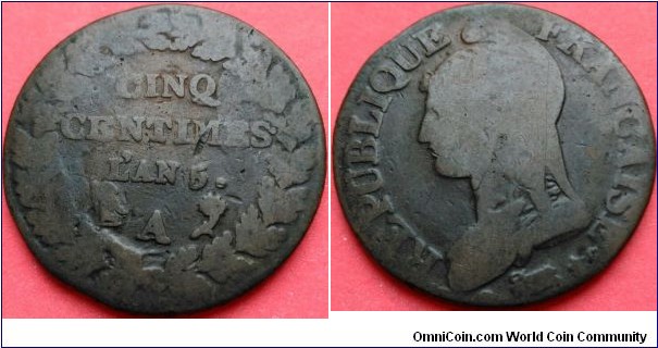 5 Centimes Lan 5 A = Paris Mint Mark